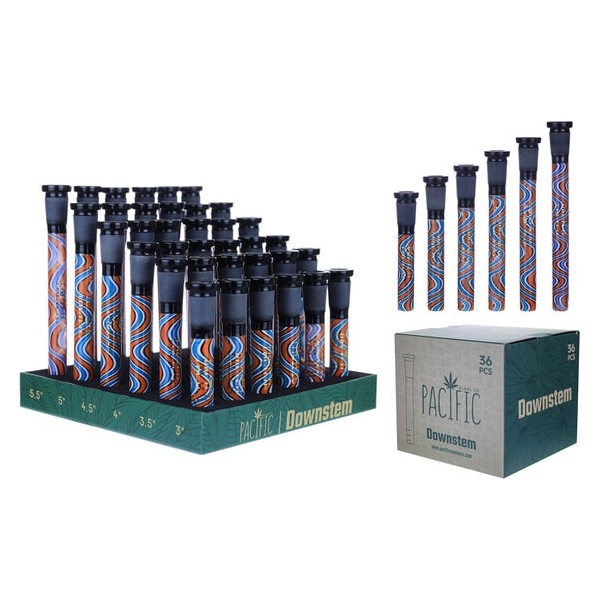 VaporTech Wholesale Pacific | Downstems Blue & Orange Swirl w/ Various Length (36pc/Display) - DS-06 Pacific