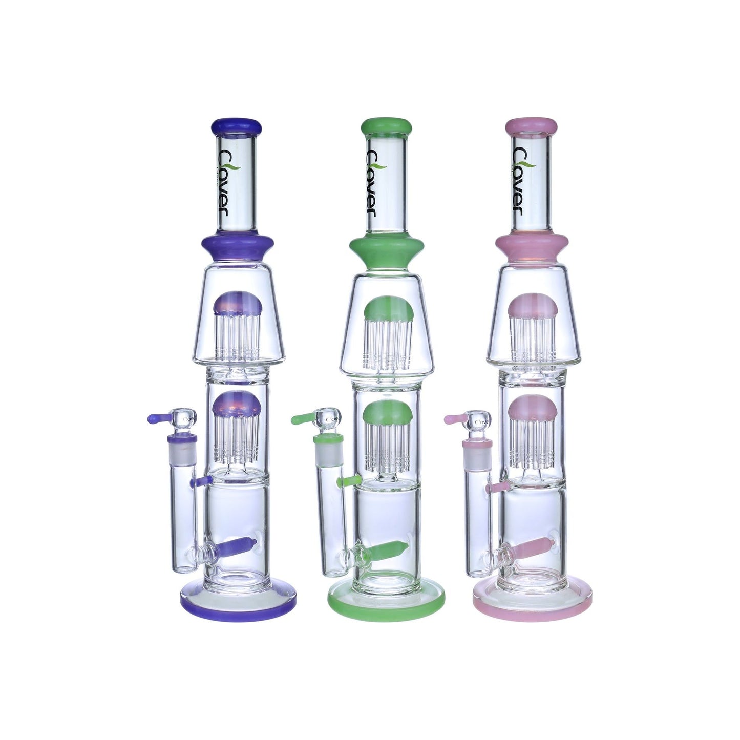 VaporTech Wholesale Clover Waterpipes - 17" Straight Neck Flat Base Double Jellyfish Perc w/Matching Mouthpiece And Perc Tops Pipes & Pieces