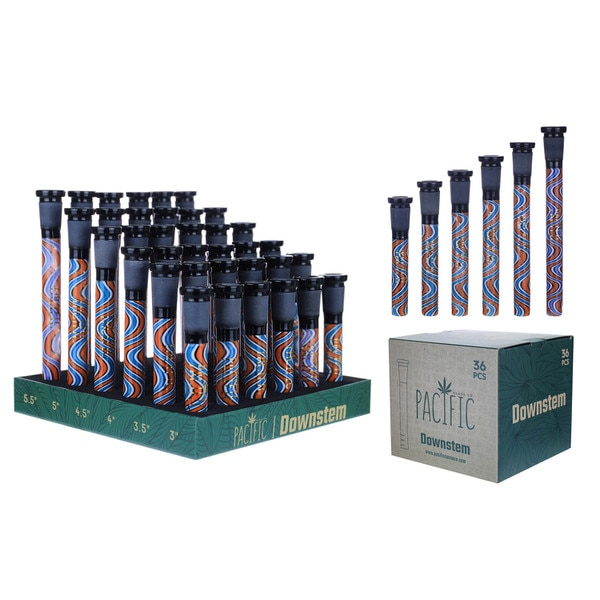 VaporTech Wholesale Pacific | Downstems Blue & Orange Swirl w/ Various Length (36pc/Display) - DS-06 Pacific