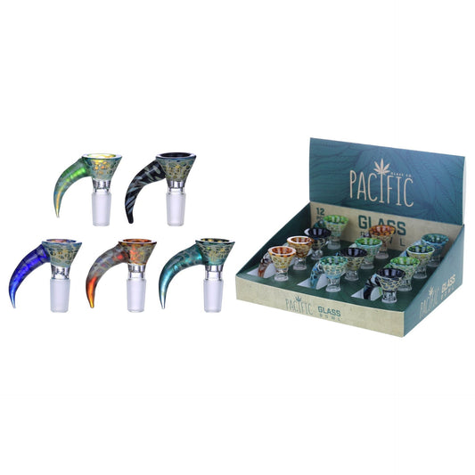 VaporTech Wholesale Pacific Bowl | Straight Colored Designed Funnel w/ Variety Colored Horne Handle (12pcs/Display) Pacific