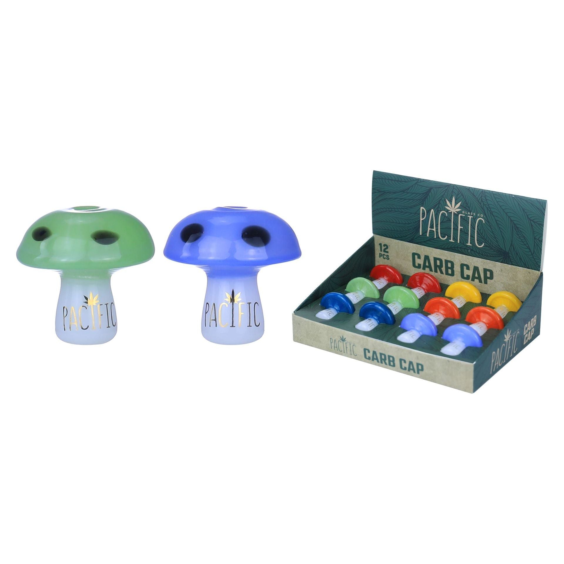 VaporTech Wholesale Pacific [Carb Caps] - White Stem Wrapped gold Logo with assorted colored Mushroom Caps [WPH-759](12pcs/display) Pacific