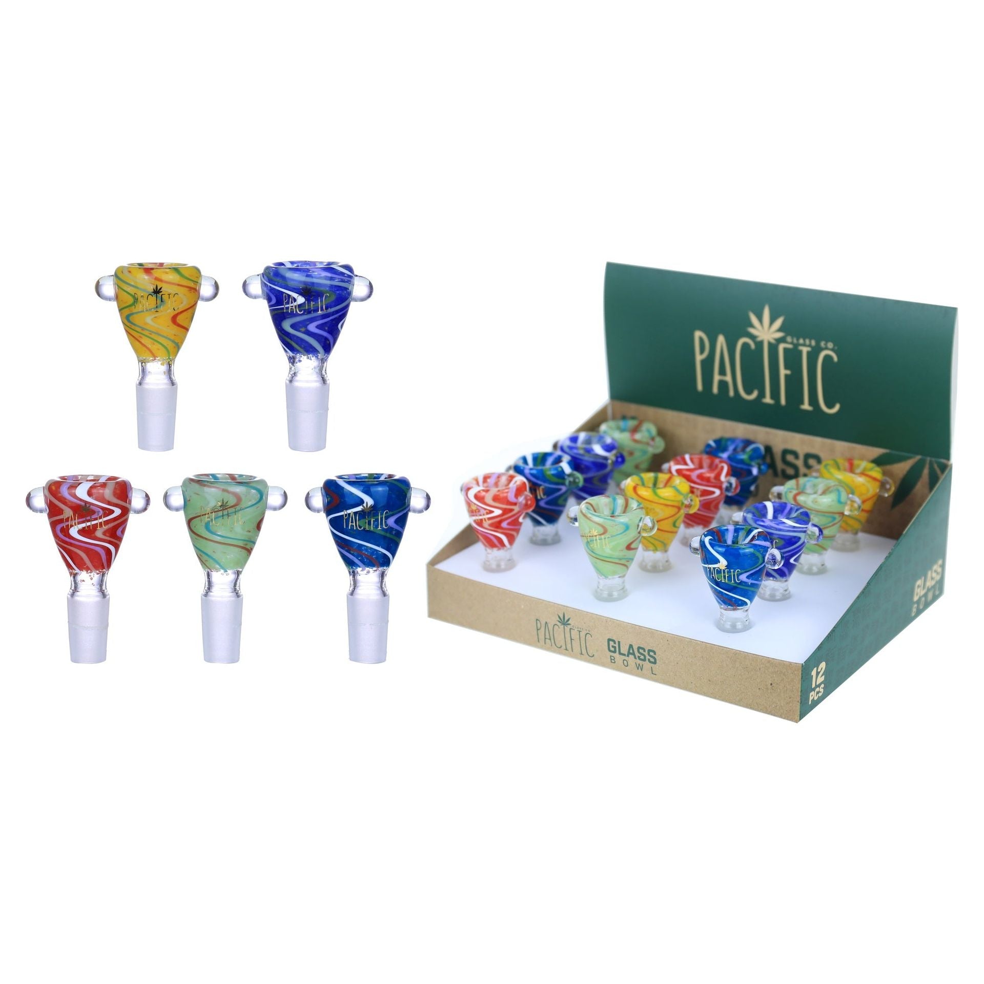 VaporTech Wholesale Pacific Bowl - Funnel Full Multi-Color Wavy Design w/ Double Ball Handle (12pcs/Display) Pacific
