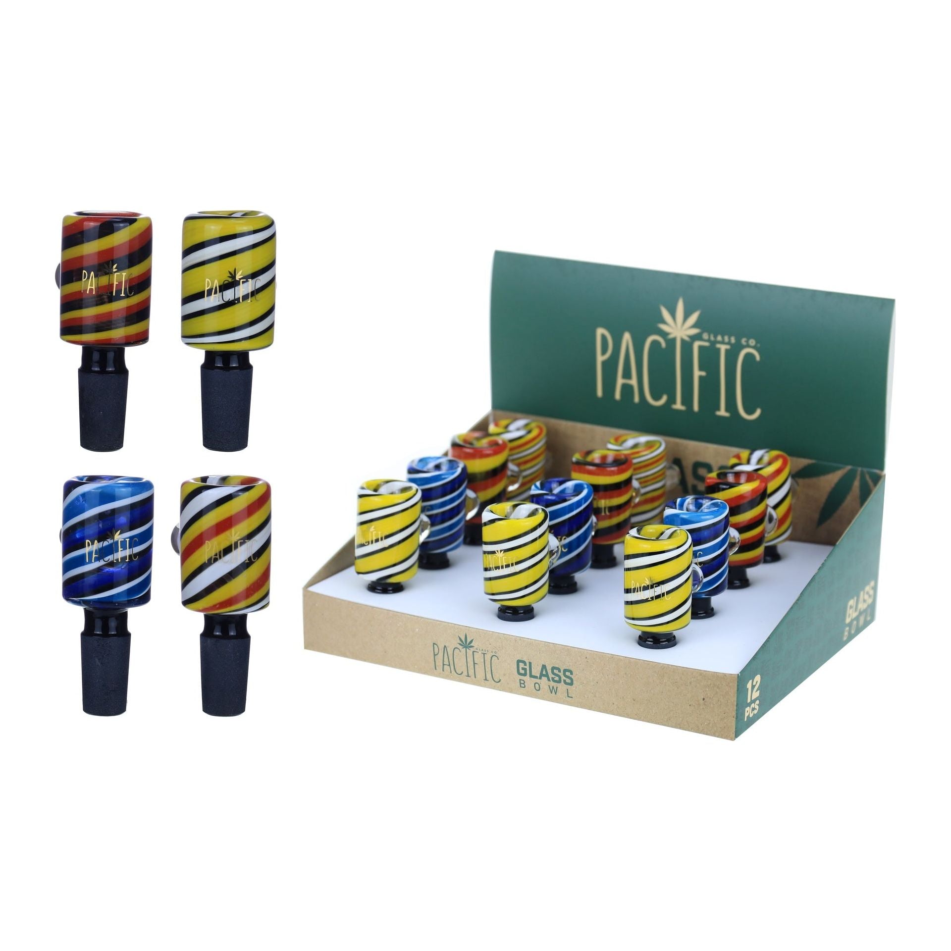 VaporTech Wholesale Pacific Bowl - Spiral Design Multi Colored w/ Single Ball Handle Black Tip (12pcs/Display) Pacific