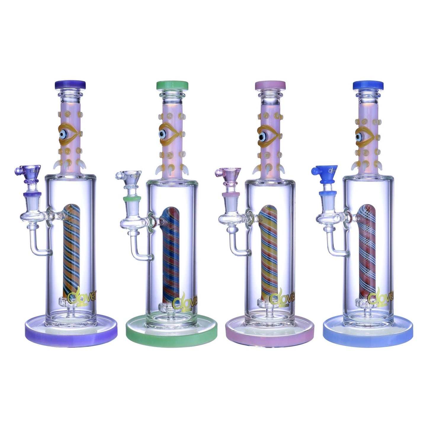 VaporTech Wholesale Clover [Waterpipes] - 11" Creepy Eye Straight Neck Flat Base w/ Straight Swirled Perc Pipes & Pieces