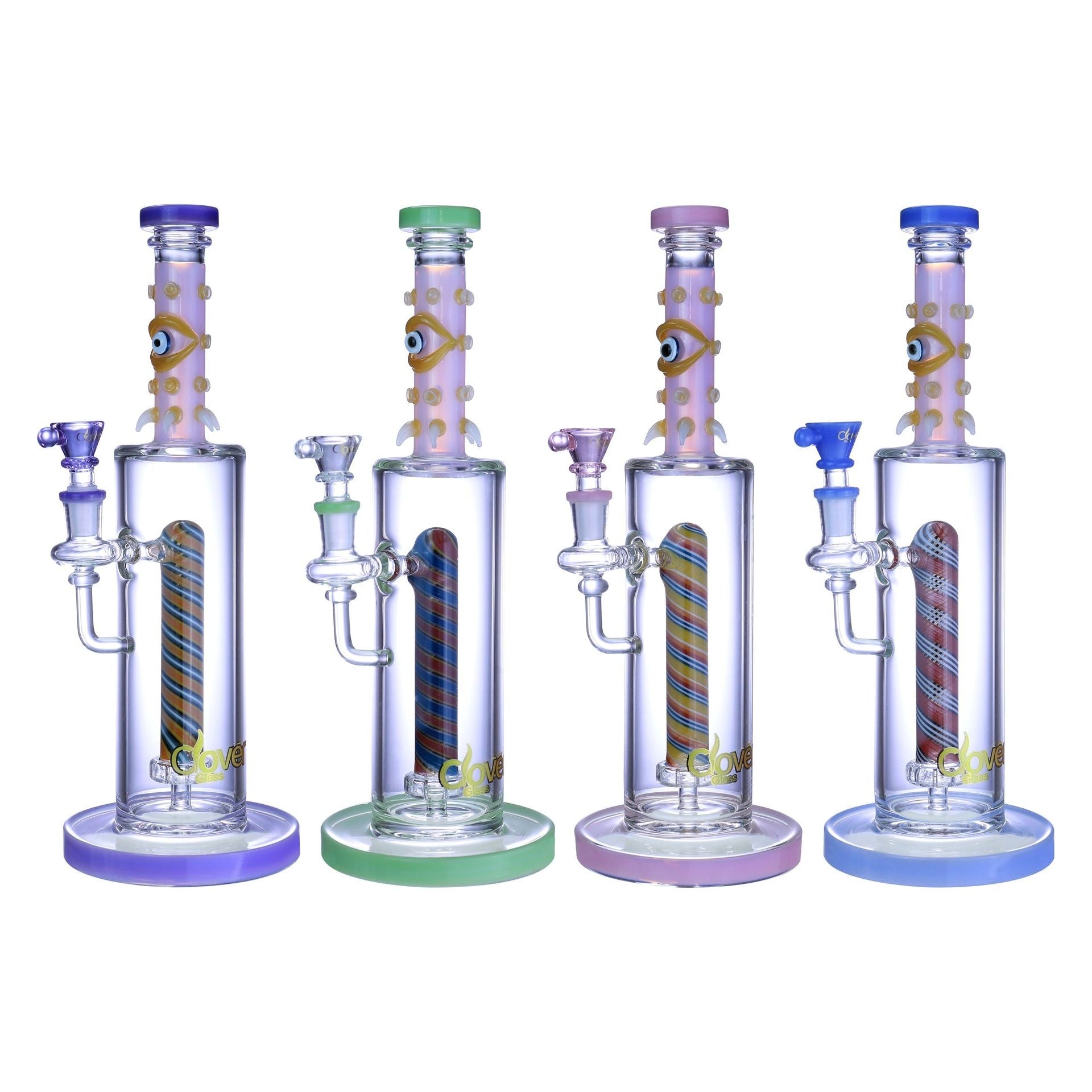 VaporTech Wholesale Clover [Waterpipes] - 11" Creepy Eye Straight Neck Flat Base w/ Straight Swirled Perc Pipes & Pieces
