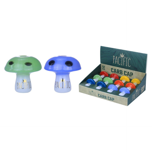 VaporTech Wholesale Pacific [Carb Caps] - White Stem Wrapped gold Logo with assorted colored Mushroom Caps [WPH-759](12pcs/display) Pacific