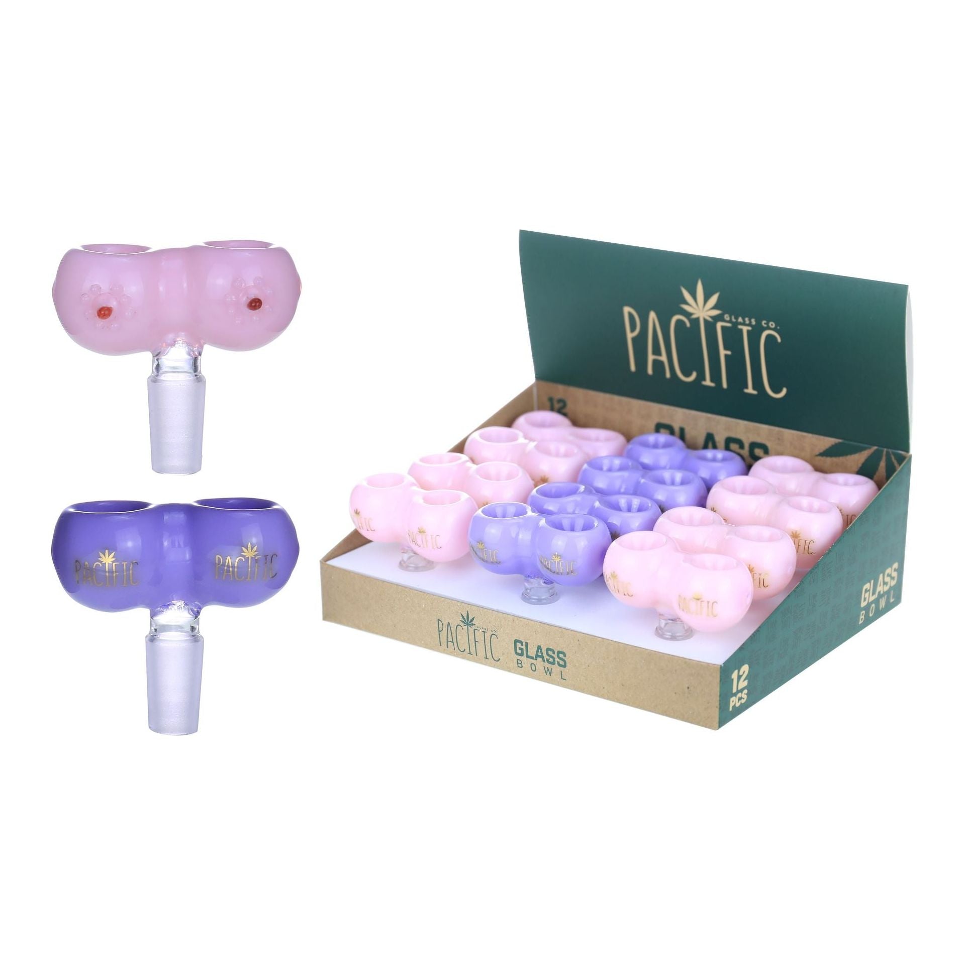 VaporTech Wholesale Pacific | Pink/Purple/Green Boob Bowls w/ Gold Printed Logo (12pc/Display) - WPH-629 - 14MM Pacific